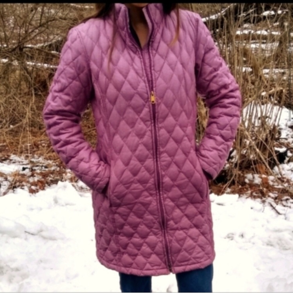 Lands End quilted long coat plum color like new medium down insulated zipper